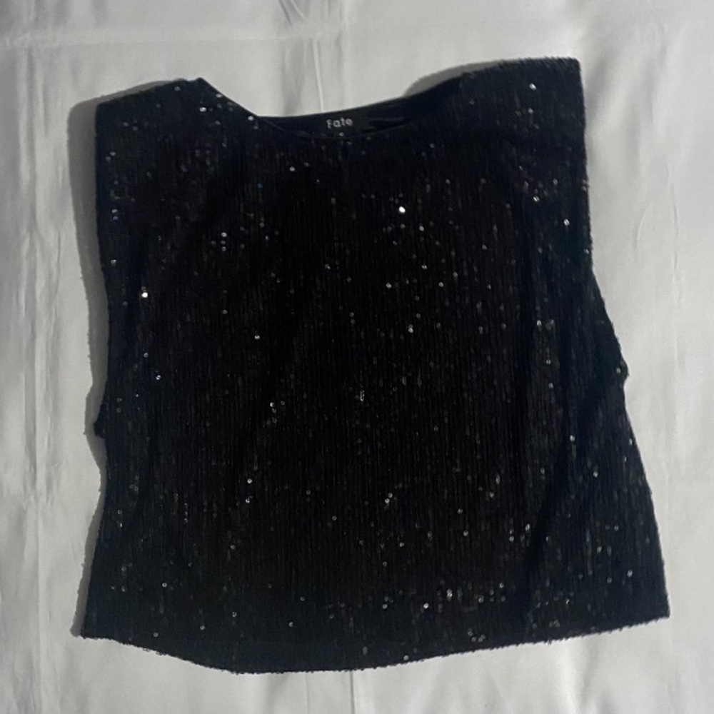 Fate Sequin Sleeveless Shoulder Pad Black Blouse